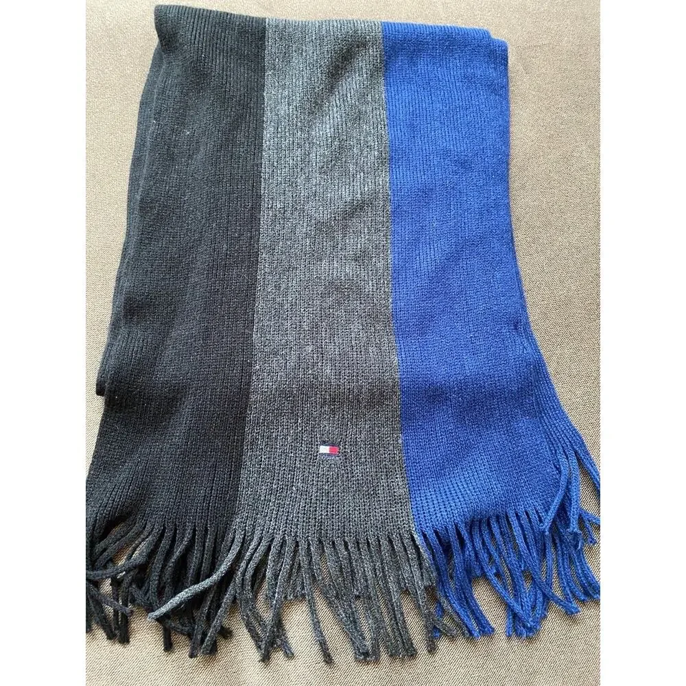 Tommy Hilfiger Stripe Scarf Fringe Men Wide Blue Gray Black